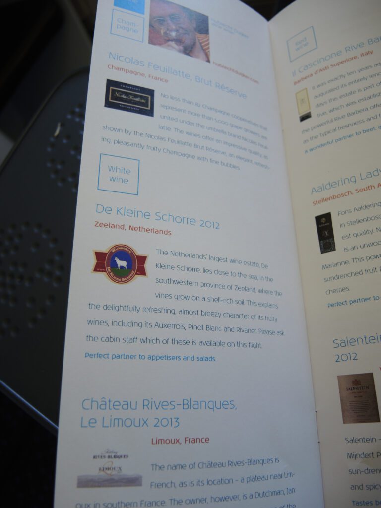 KLM Business Class wine menu 1