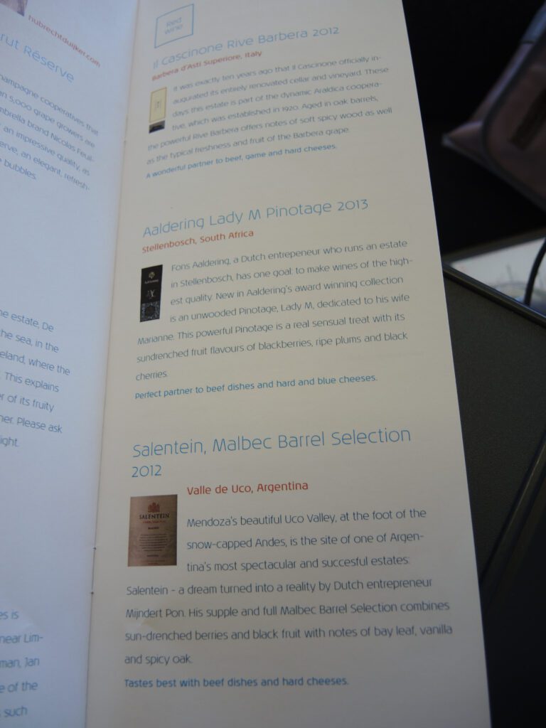 KLM Business Class wine menu 2
