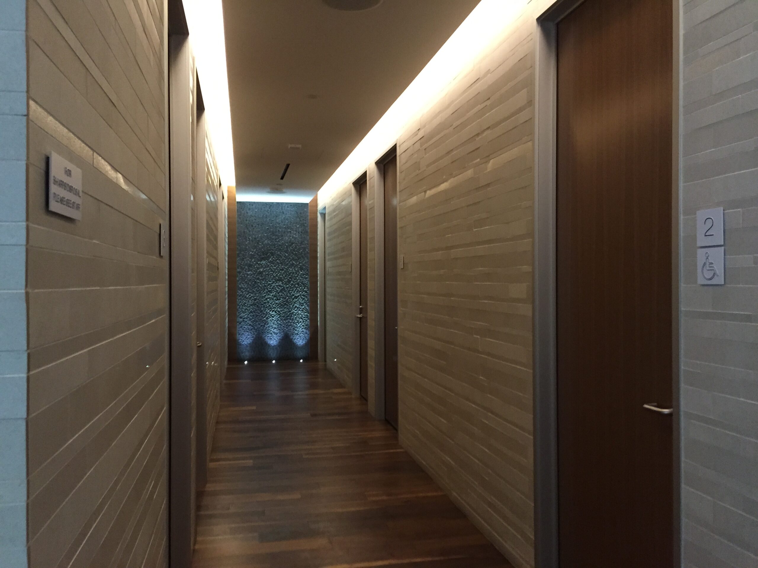 a hallway with doors and a light on the ceiling