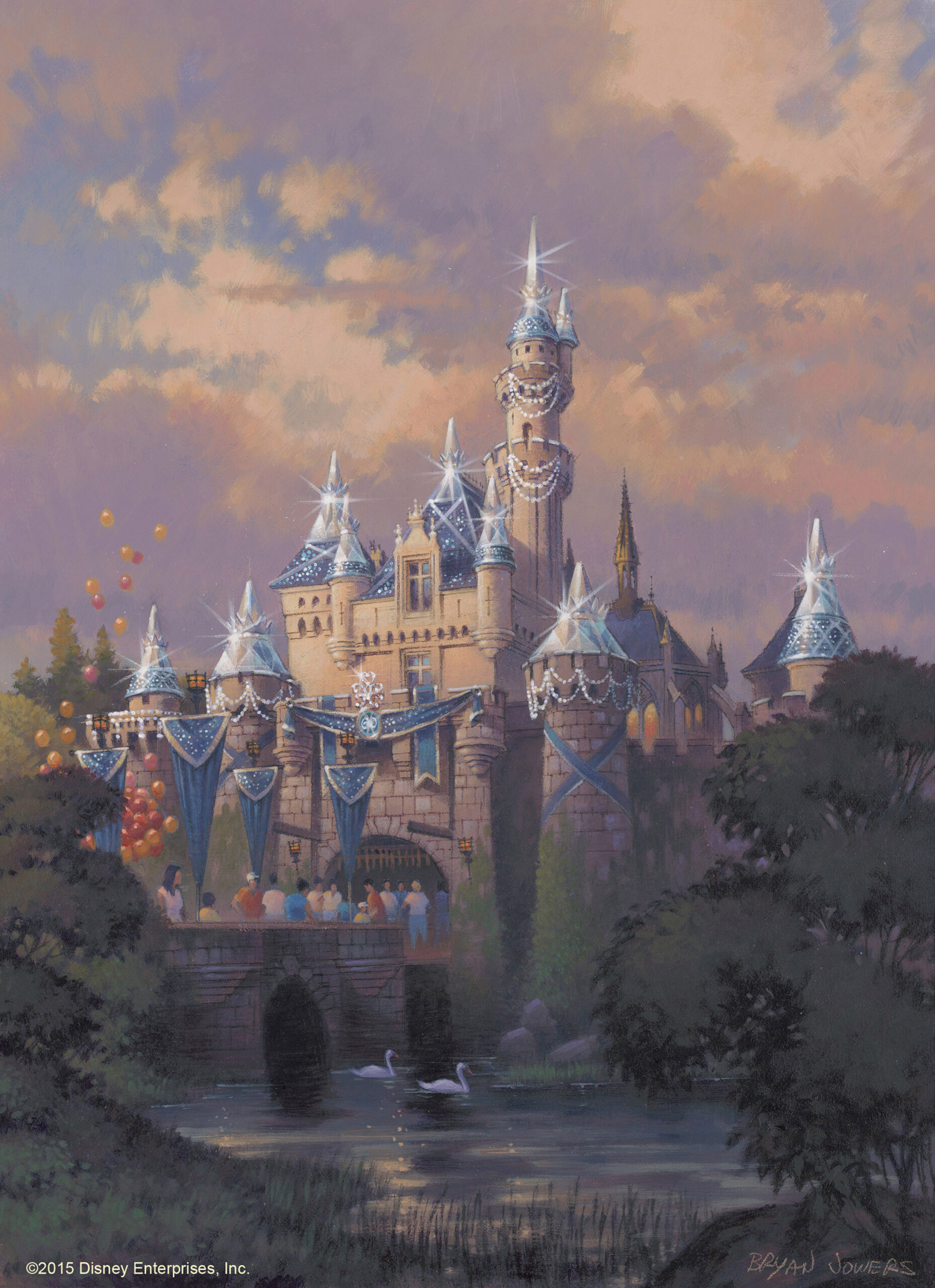 a castle with many towers and people in front of it