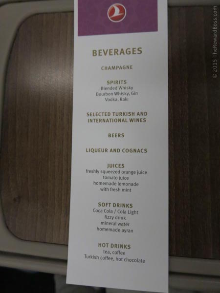 Turkish Airlines Maldives - Istanbul Business Class Menu