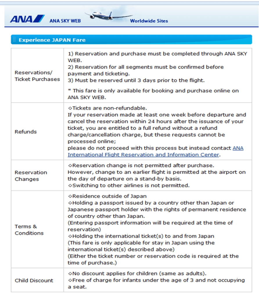 ana experience japan fare