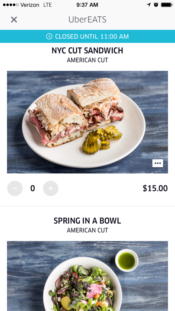 UBER EATS NYC Menu