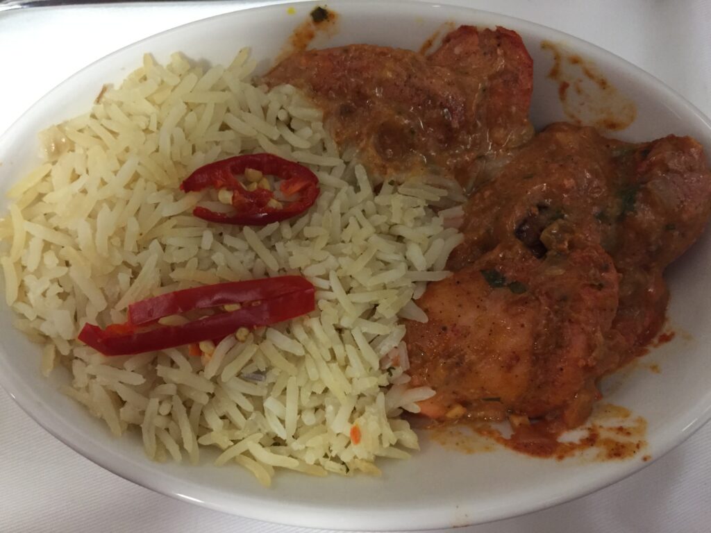 Chicken Tikka curry - representation of a typical Premium Economy entree.