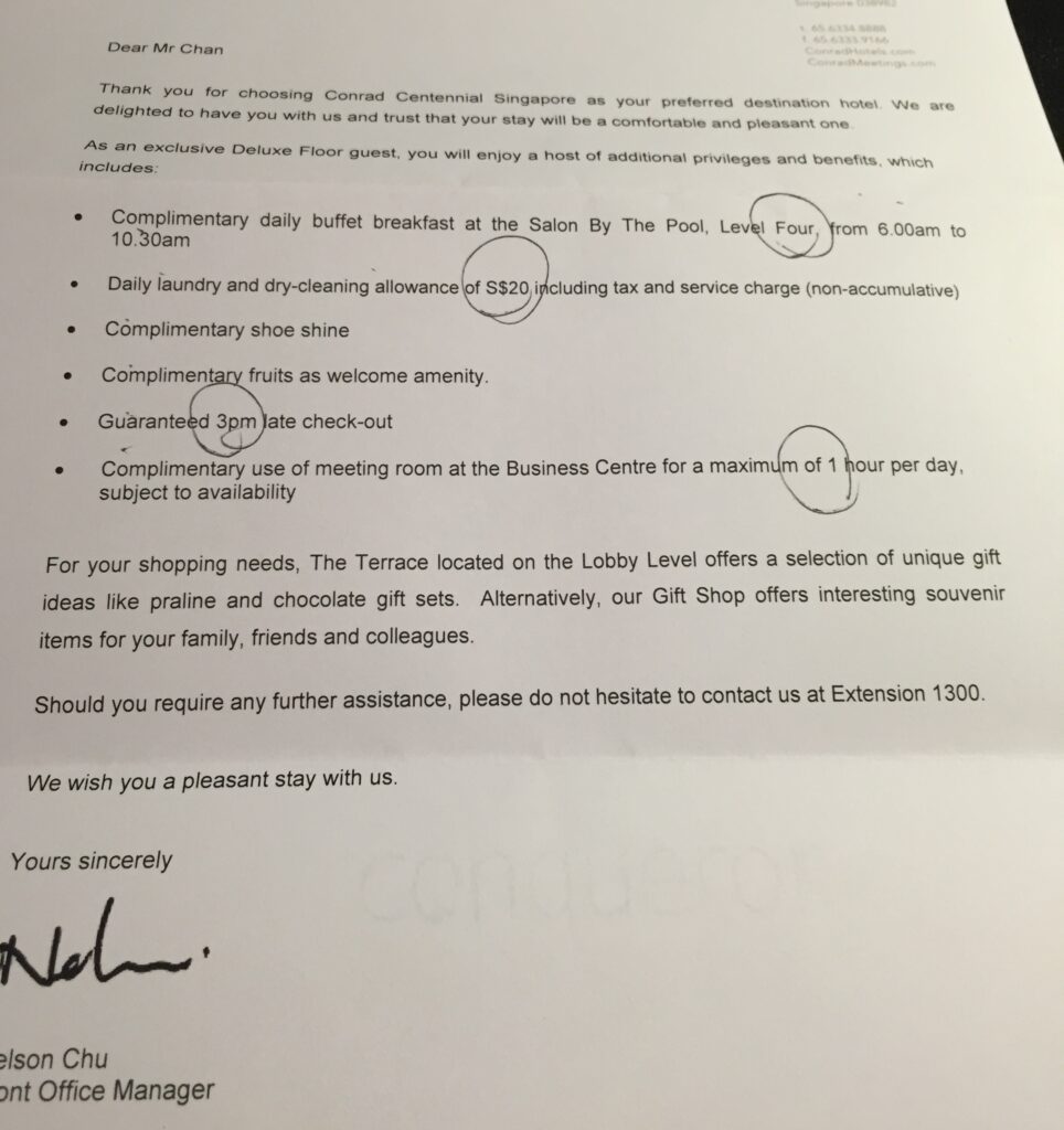 conrad singapore hotel welcome letter