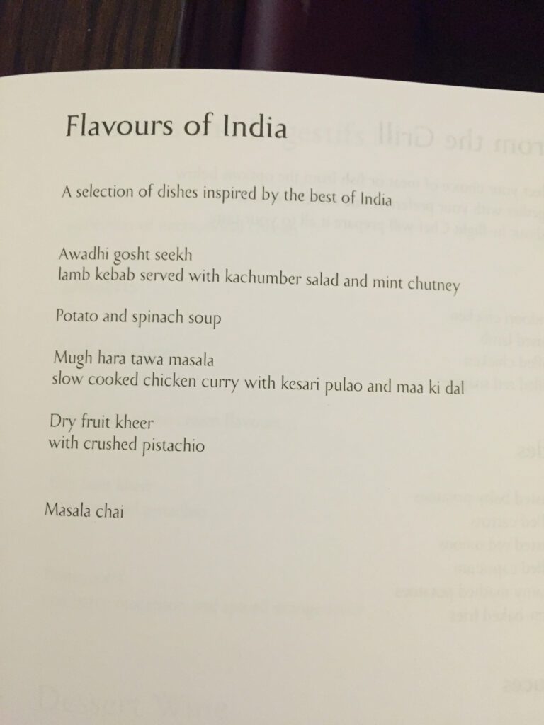 etihad jet airways first class sfo flavours of india menu