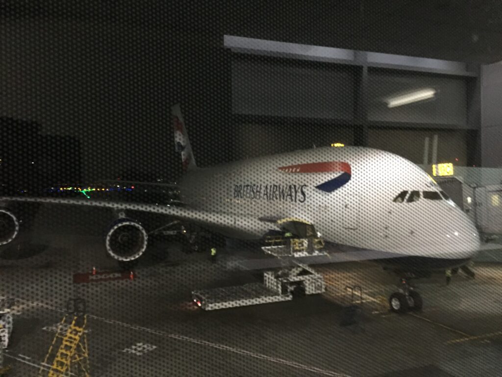 british airways business class lhr sfo a380 night exterior