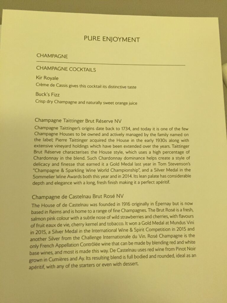 british airways business class sfo lhr champagne menu