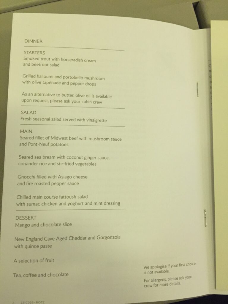 british airways business class sfo lhr dinner menu