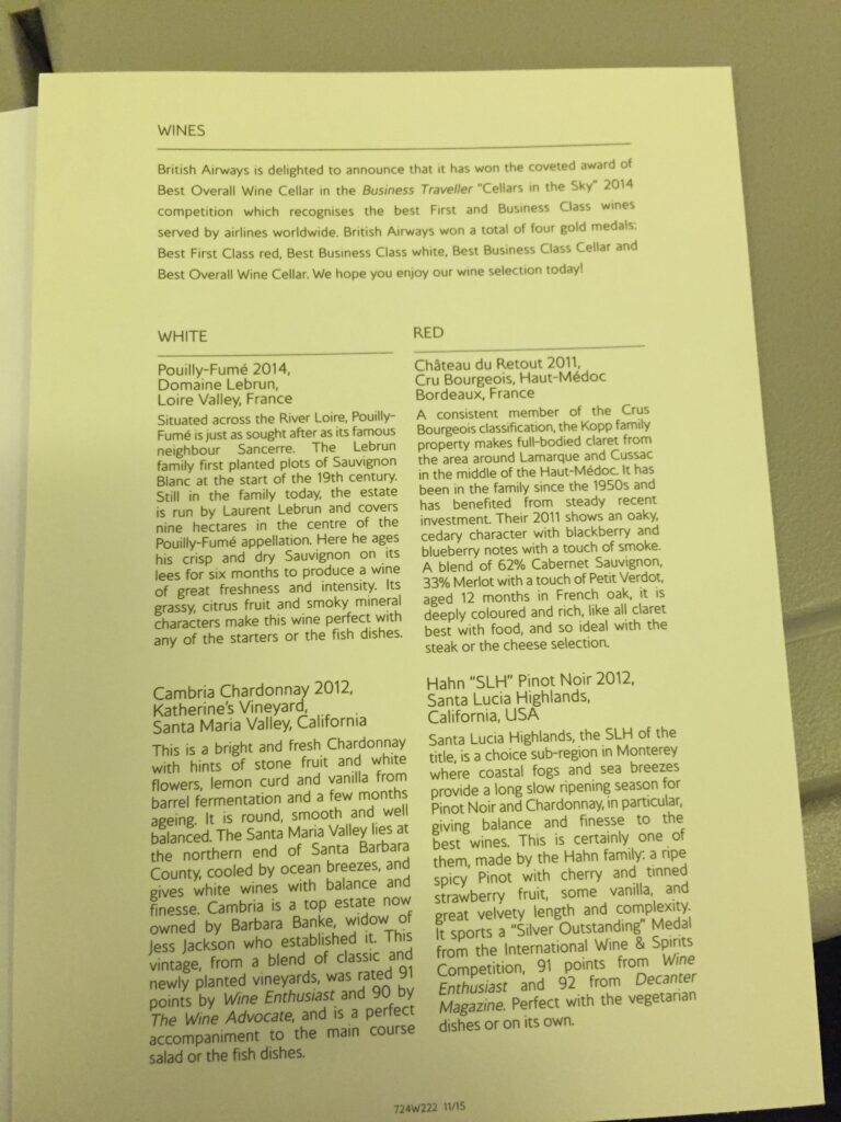 british airways business class sfo lhr wine menu