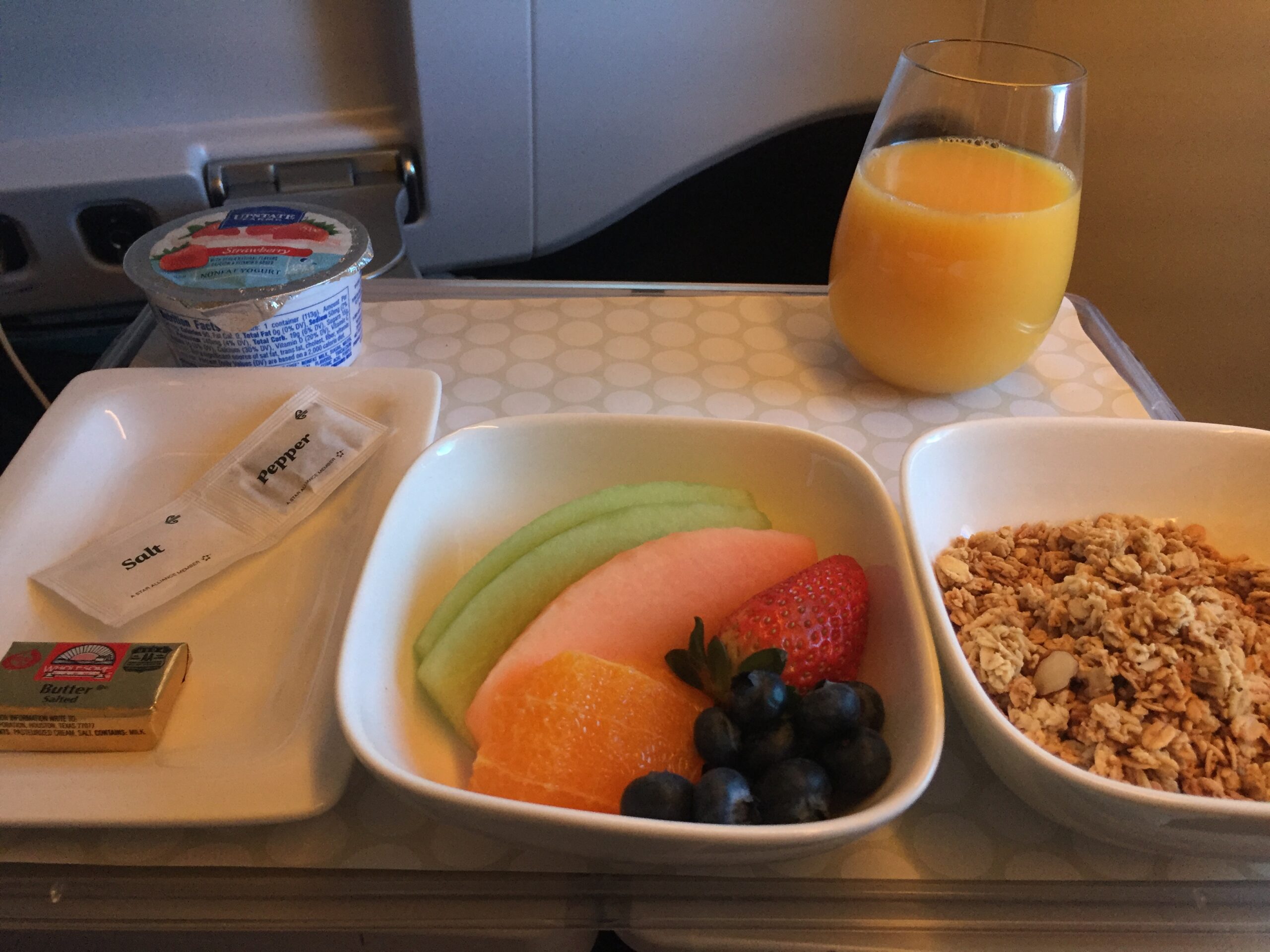 a bowl of fruit and cereal on a tray
