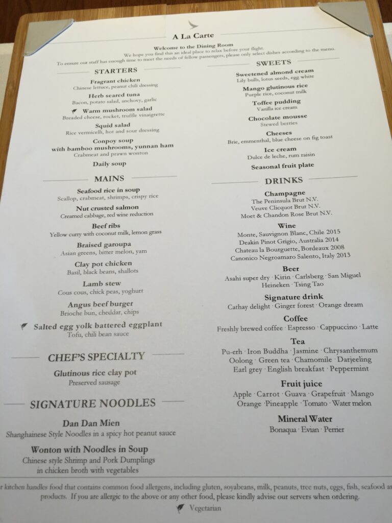 cathay pacific the pier first class lounge dining room menu