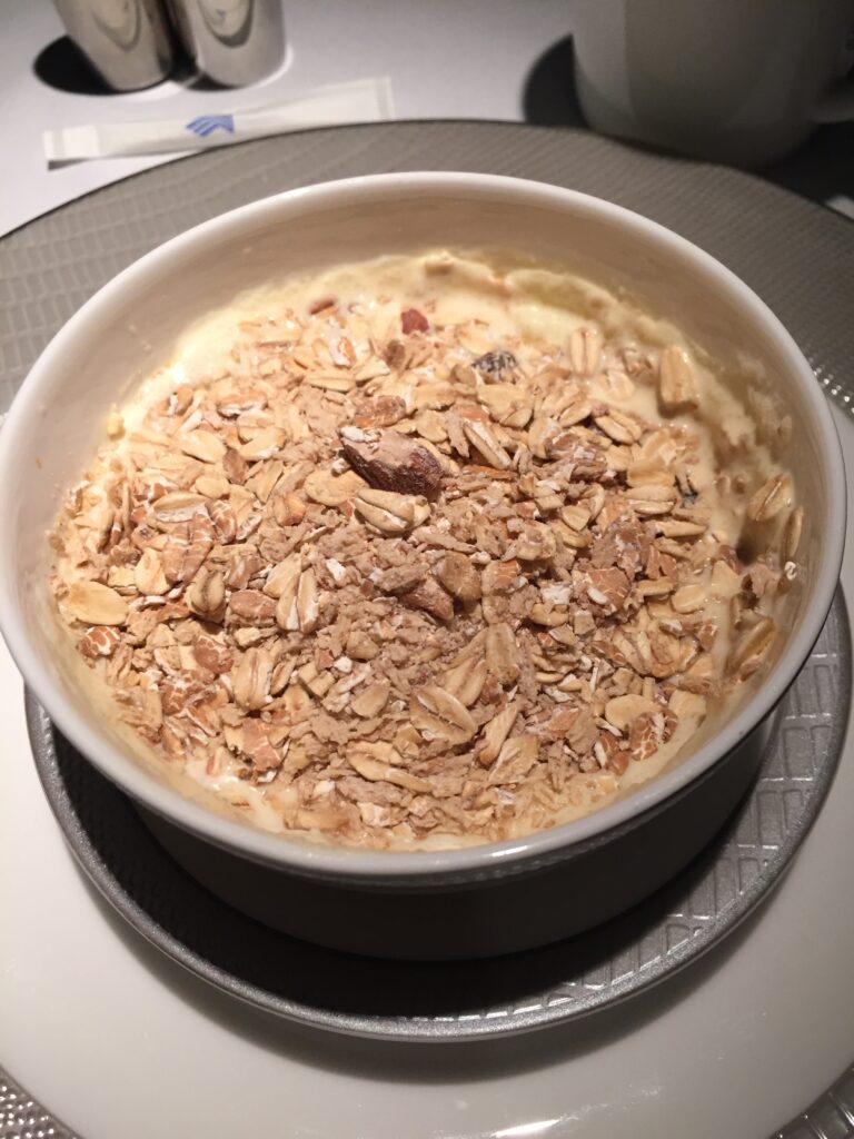 ingapore airlines first class san francisco to hong kong bircher muesli