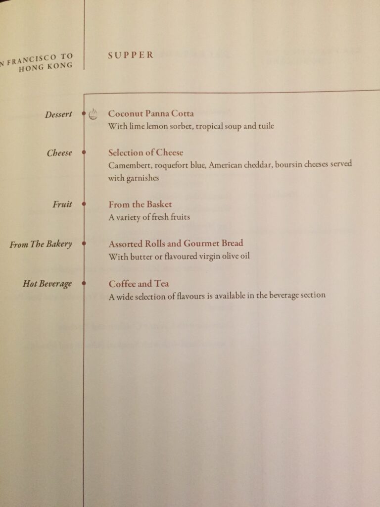 singapore airlines first class san francisco to hong kong supper menu desserts