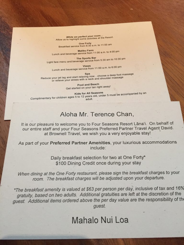 four seasons lanai welcome card amenities