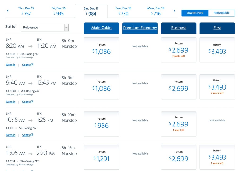 AA booking interface