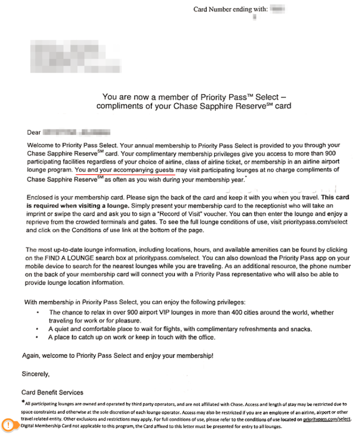 Priority Pass Membership Chase Sapphire Reserve Letter