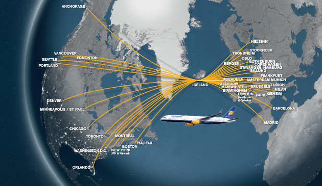 route map di Icelandair; con un punto di vista diverso è chiara la convenienza della rotta islandese da e verso gli USA