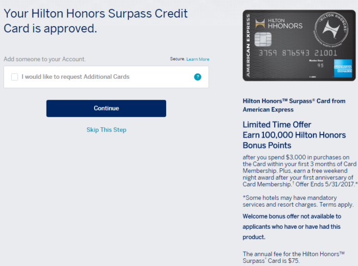 Hilton Honors Surpass 100k Approved - Amex Hilton Surpass