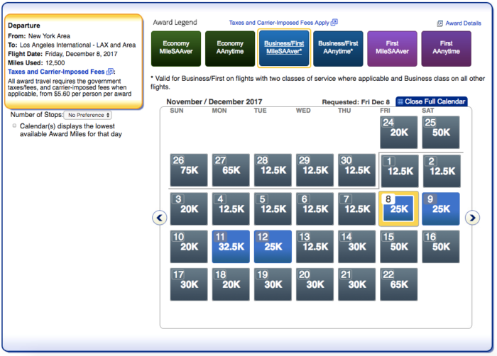 NYC - LAX December Saver Business Class Award Availability