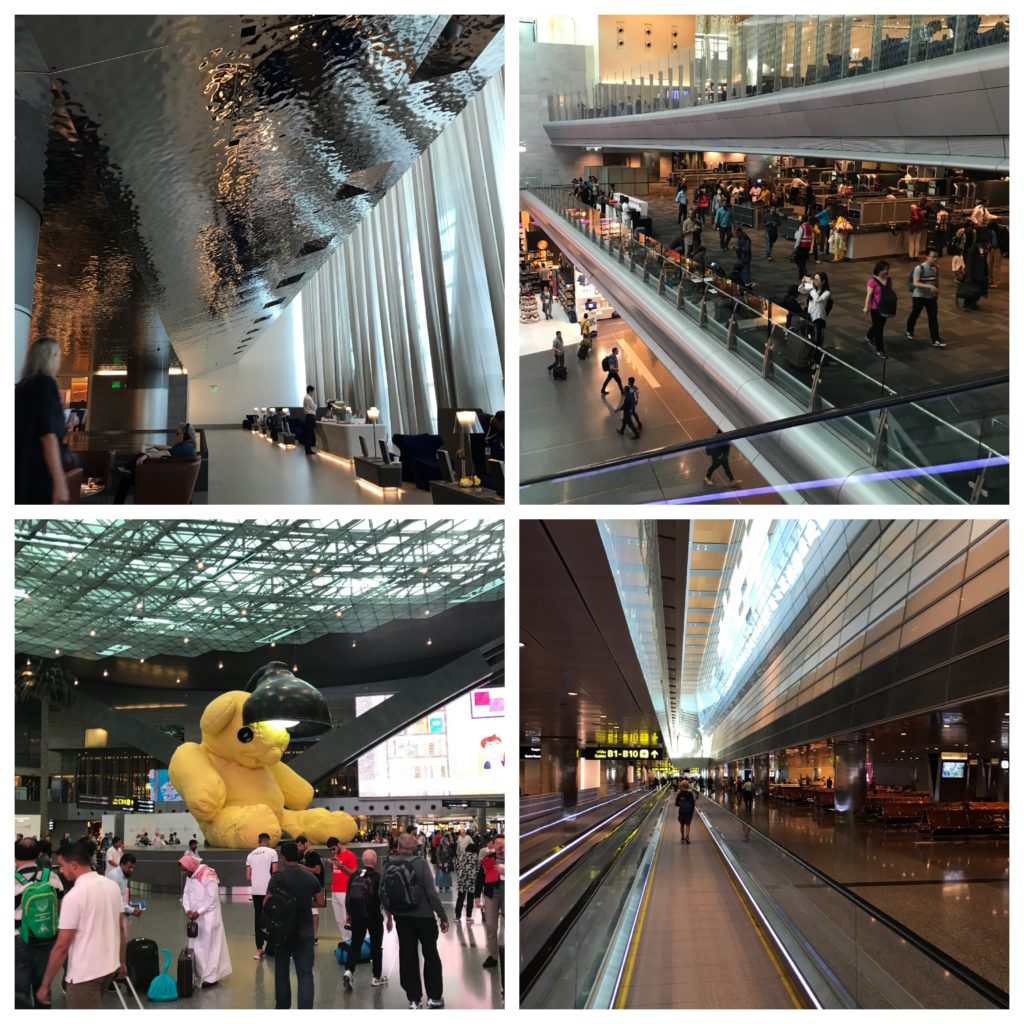 a collage of people in an airport