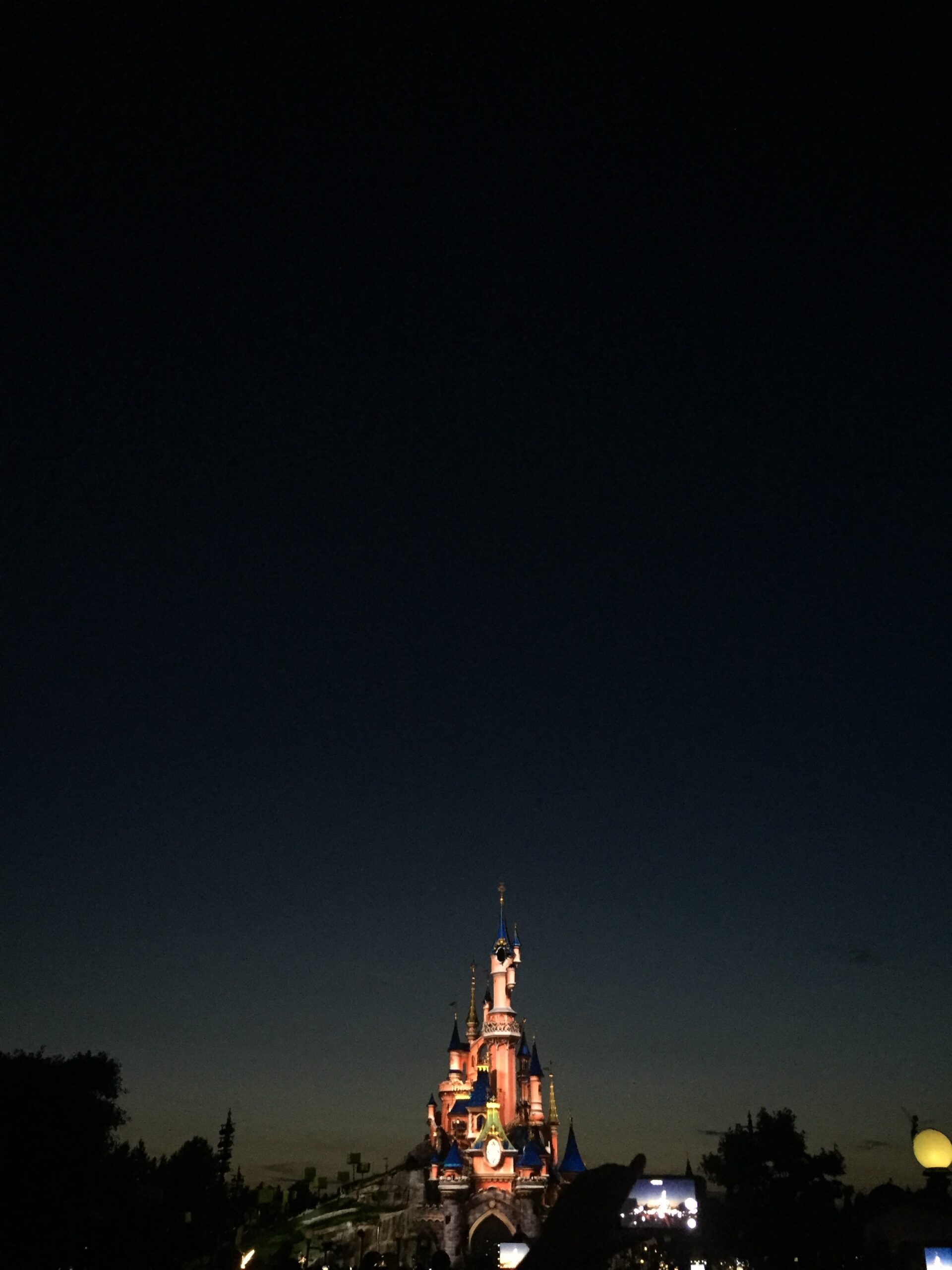 a castle lit up at night