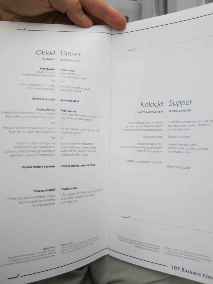 WAW-JFK Business Class Menu