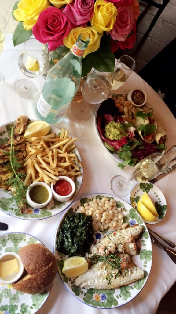 a table with plates of food and drinks