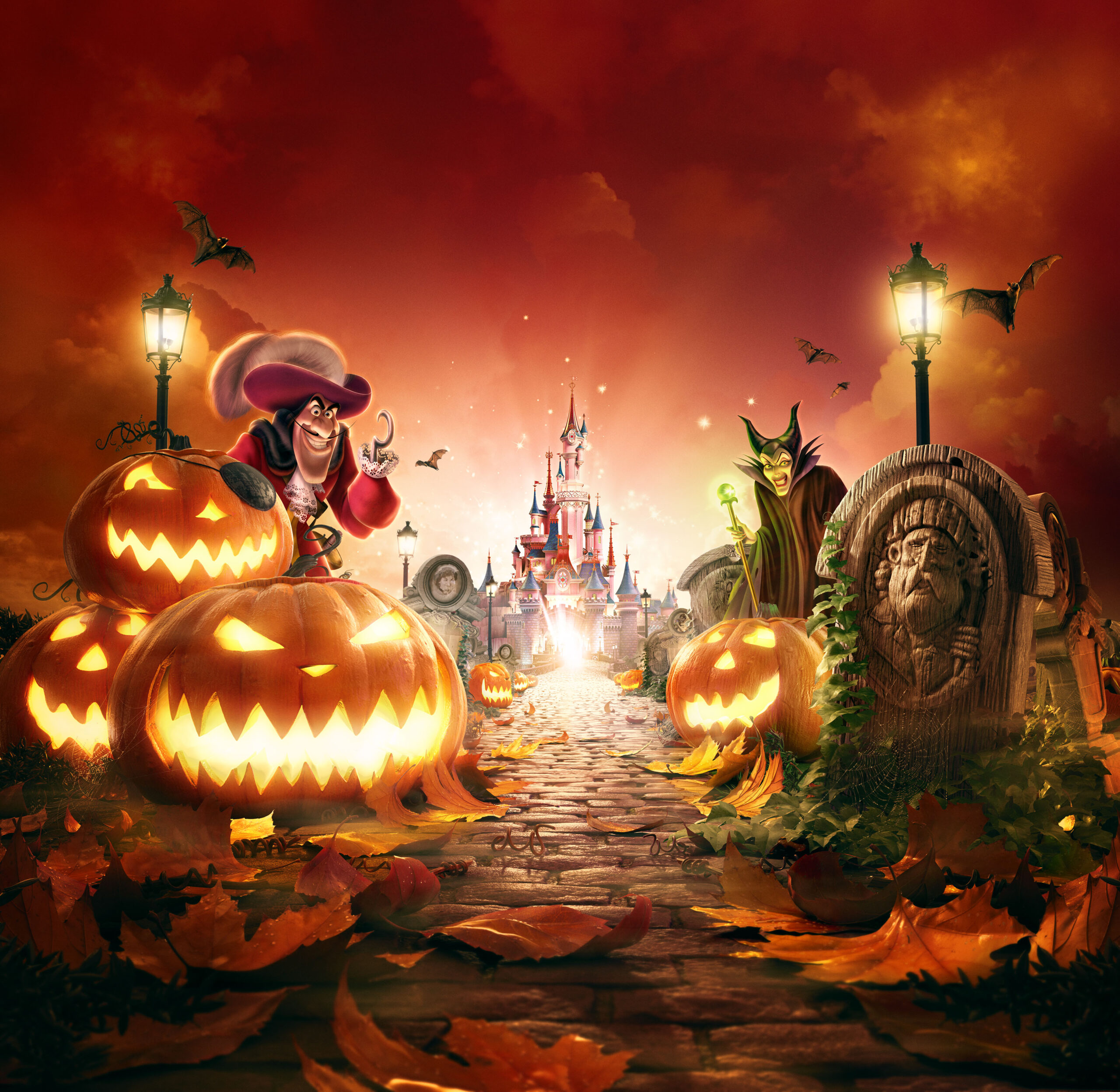 a castle with pumpkins and a person