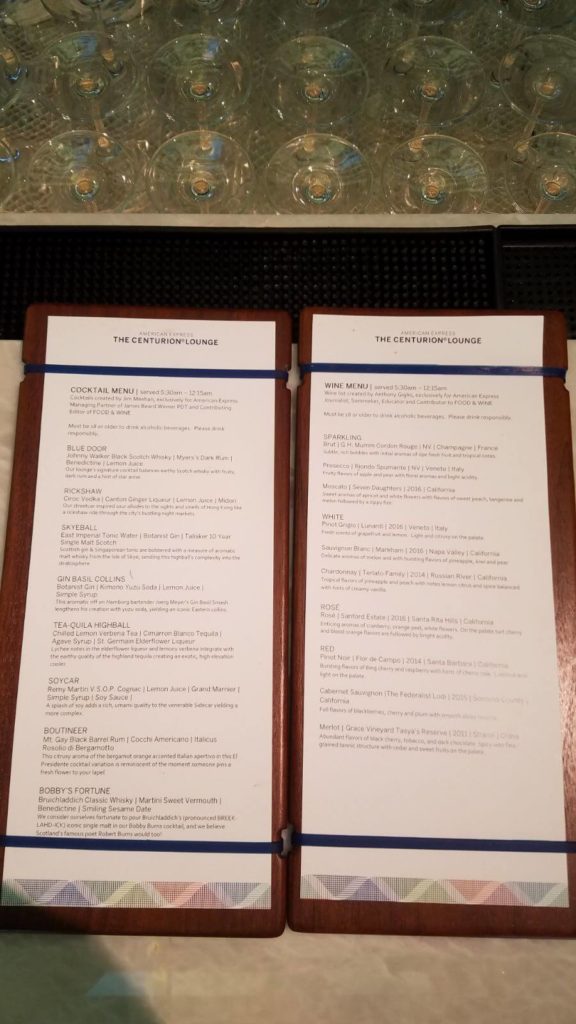 Hong Kong Amex Centurion Lounge Menu
