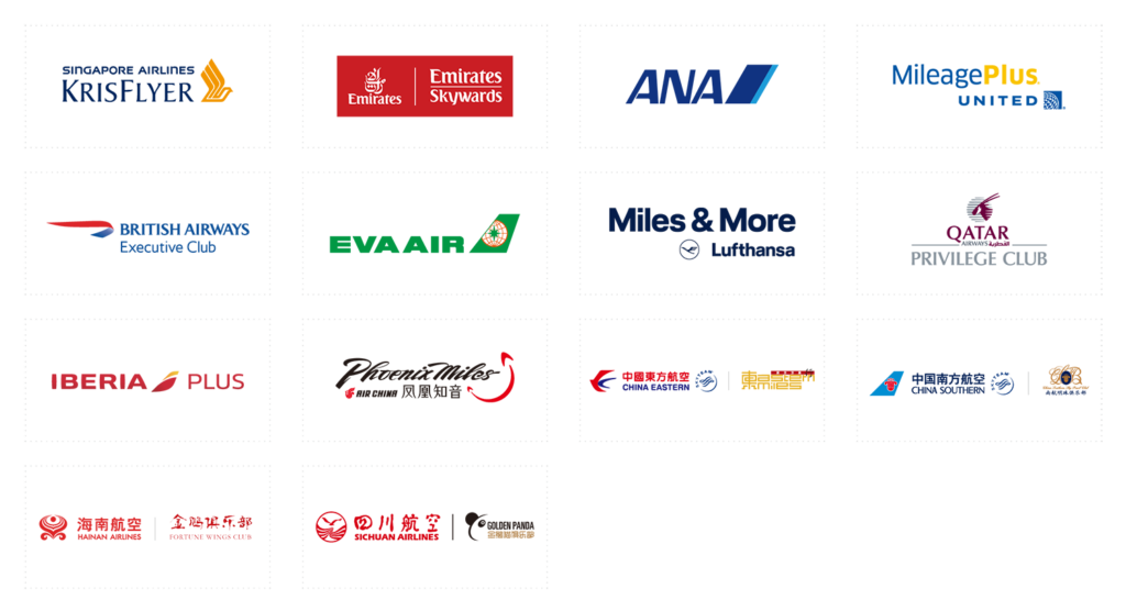 The image contains a grid of various airline loyalty program logos. The logos are as follows:
1. Singapore Airlines KrisFlyer
2. Emirates Skywards
3. ANA Mileage Club
4. United MileagePlus
5. British Airways Executive Club
6. EVA Air Infinity MileageLands
7. Lufthansa Miles & More
8. Qatar Airways Privilege Club
9. Iberia Plus
10. PhoenixMiles (Air China)
11. China Eastern Eastern Miles
12. China Southern Sky Pearl Club