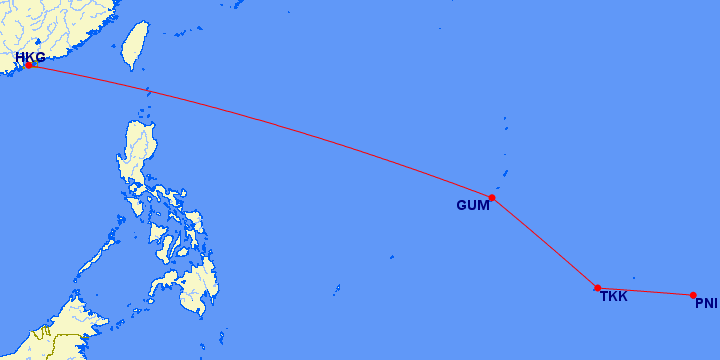 A map showing a flight route in the Pacific region. The route starts from Hong Kong (HKG), goes to Guam (GUM), then to Chuuk (TKK), and finally to Pohnpei (PNI). The map highlights the path with red lines connecting these locations. The surrounding areas include parts of East Asia and Southeast Asia, with the Philippines visible to the south of the route.