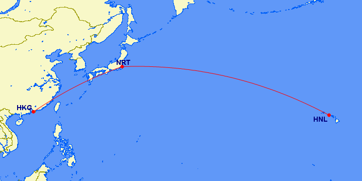 A map showing a flight route from Hong Kong (HKG) to Honolulu (HNL) with a stopover in Tokyo Narita (NRT). The route is depicted with a red line connecting the three locations across the Pacific Ocean.