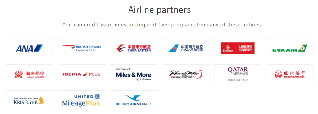 Alt text: The image shows a list of airline partners where you can credit your miles to frequent flyer programs. The airlines displayed are ANA, British Airways Executive Club, China Eastern, China Southern, Emirates Skywards, EVA Air, Hainan Airlines, Iberia Plus, Lufthansa Miles & More, PhoenixMiles, Qatar Airways Privilege Club, Sichuan Airlines, Singapore Airlines KrisFlyer, United MileagePlus, and XiamenAir.