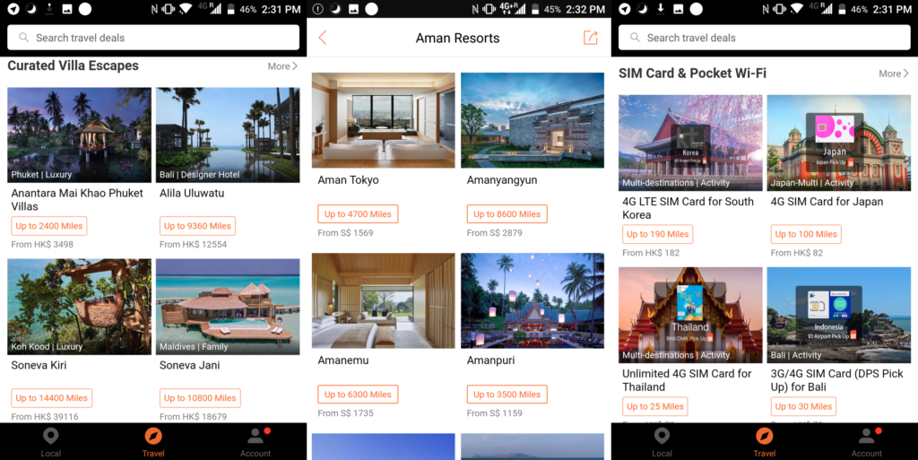 The image is a screenshot of a travel deals app interface. The screen is divided into three sections: "Curated Villa Escapes," "Aman Resorts," and "SIM Card & Pocket Wi-Fi."

1. **Curated Villa Escapes:**
   - Anantara Mai Khao Phuket Villas (Phuket | Luxury) - Up to 2400 Miles, From HK$ 3498
   - Alila Uluwatu (Bali | Designer Hotel) - Up to 9360 Miles, From HK$ 12554
   - Soneva Kiri (Koh Kood | Luxury) - Up to 14400 Miles, From HK$ 39116
   - Soneva Jani (Maldives | Family) - Up to 10800 Miles, From HK$ 18679

2. **Aman Resorts:**
   - Aman Tokyo - Up to 4700 Miles, From S$ 1569
   - Amanyangyun - Up to 8600 Miles, From S$ 2879
   - Amanpuri - Up to 3500 Miles, From S$ 1159
   - Amanemu - Up to 6300 Miles, From S$ 1175

3. **SIM Card & Pocket Wi-Fi:**
   - 4G LTE SIM Card for South Korea (Multi-destinations | Activity) - Up to 190 Miles, From HK$ 82
   -