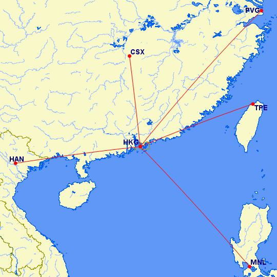 Alt text: A map showing flight routes from Hong Kong (HKG) to various destinations in East Asia. The destinations include Shanghai Pudong (PVG), Changsha (CSX), Taipei (TPE), Manila (MNL), and Hanoi (HAN). Each destination is connected to Hong Kong by a red line indicating the flight path. The map highlights the geographical locations of these cities in relation to Hong Kong.