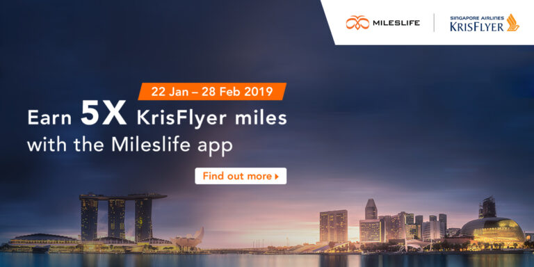 The image is an advertisement for earning 5X KrisFlyer miles with the Mileslife app. The promotion is valid from 22 January to 28 February 2019. The background features a cityscape with notable buildings, including the Marina Bay Sands and other structures in Singapore. The logos of Mileslife and Singapore Airlines KrisFlyer are displayed at the top right corner. There is also a "Find out more" button in the center of the image.