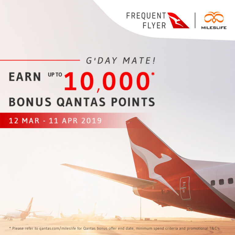 The image is an advertisement for Qantas Frequent Flyer and Mileslife. It features the tail of a Qantas airplane with the Qantas logo. The text on the image reads: "G'DAY MATE! EARN UP TO 10,000 BONUS QANTAS POINTS. 12 MAR - 11 APR 2019." The logos for Qantas Frequent Flyer and Mileslife are displayed at the top right corner. There is a note at the bottom of the image advising to refer to qantas.com/mileslife for Qantas bonus offer end date, minimum spend criteria, and promotional terms and conditions.