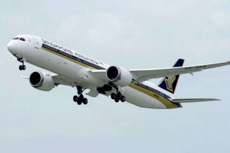 A Singapore Airlines airplane is taking off against a cloudy sky. The aircraft is angled upwards, with its landing gear still extended. The airline's logo and name are visible on the fuselage and tail.