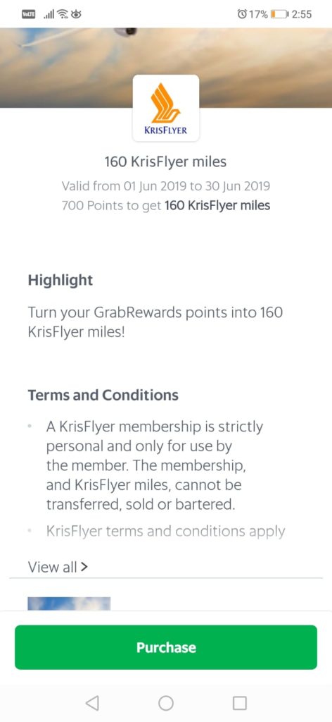Alt text: A mobile screen displaying an offer for 160 KrisFlyer miles. The offer is valid from June 1, 2019, to June 30, 2019, and requires 700 points to redeem. The screen includes the KrisFlyer logo at the top, followed by the offer details, a highlight section encouraging users to turn their GrabRewards points into KrisFlyer miles, and terms and conditions stating that KrisFlyer membership is personal and non-transferable. There is a green "Purchase" button at the bottom. The battery level is at 17%, and the time is 2:55.