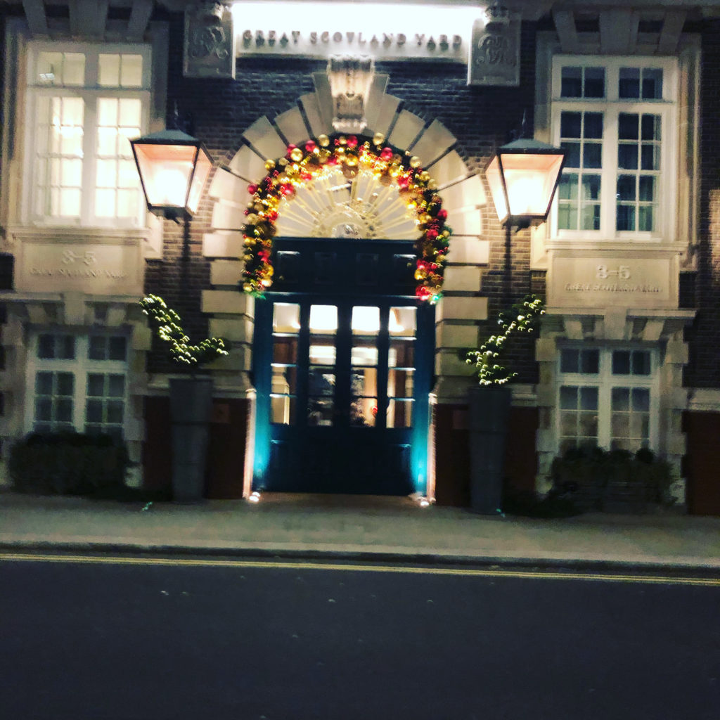 a building with lights on the front
