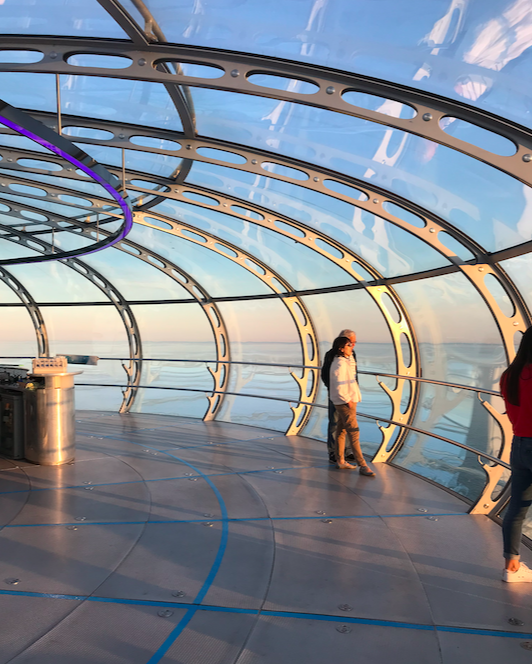people standing in a glass room