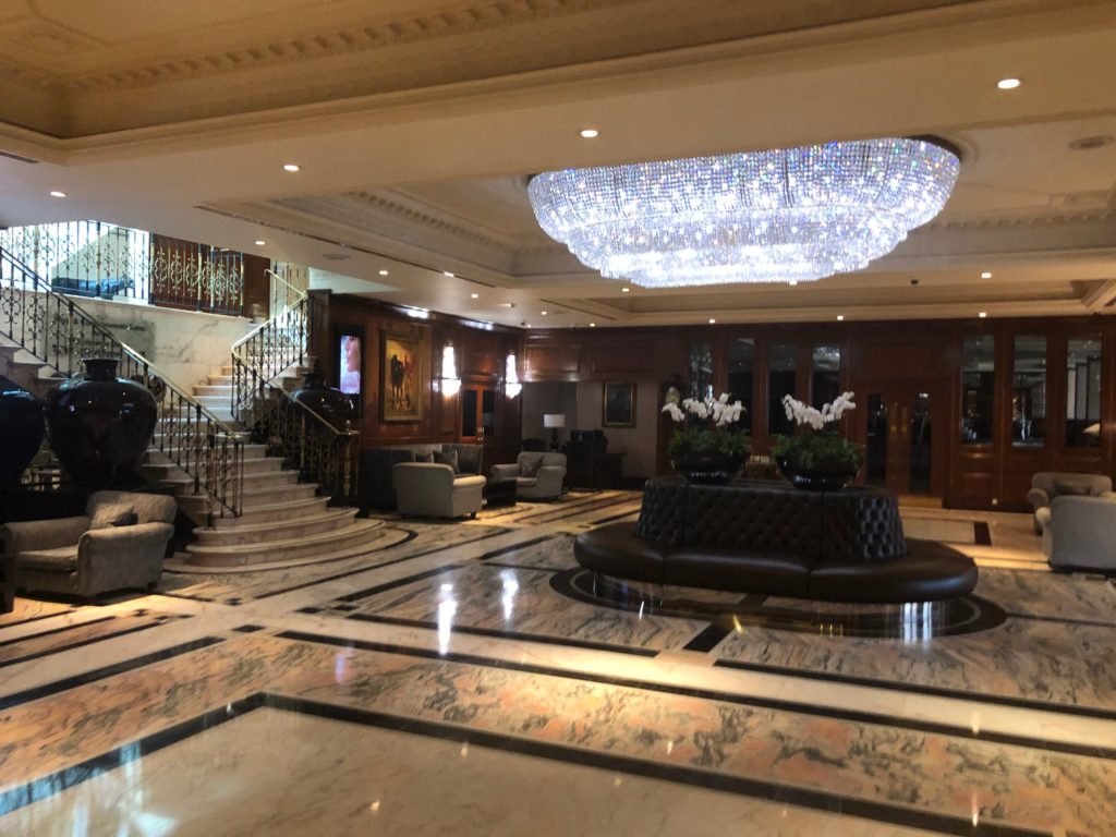 a large chandelier in a lobby