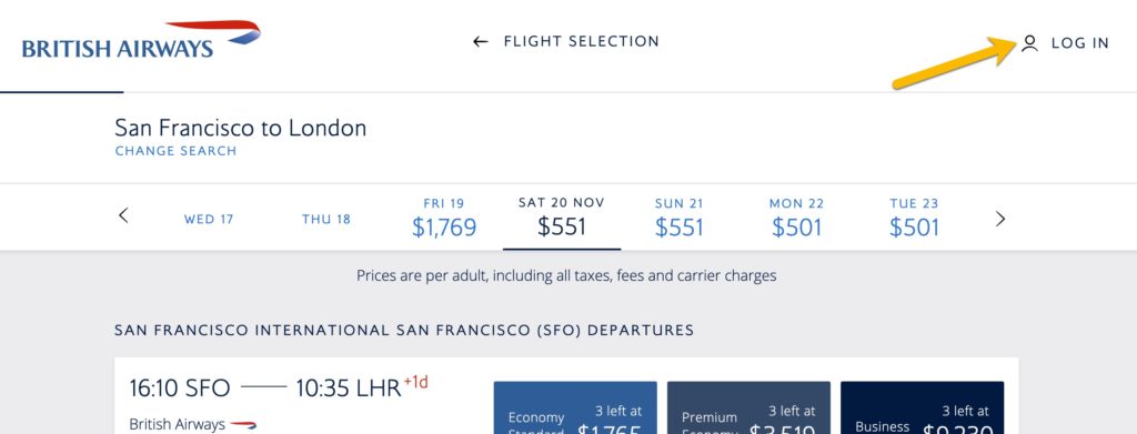 a screenshot of a flight selection
